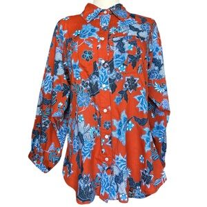 Cara Cara Women Floral Print Three-Quarter Sleeve Button-Up Top Size Small